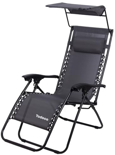 Todeco Tumbona Plegable Jardín con Toldo, Silla Gravedad Cero Reclinable con Respaldo Ajustable para Patio, Camping, Terraza y Piscina, Carga máxima 100kg, Gris