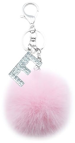 Xsclpomddy Pom Pom rosa. Schlüsselbund künstliche weiche Kaninchenhaar Taschenanhänger Ball Schlüsselanhänger mit Buchstabe A-Z für Handtasche Dekoration,pink E
