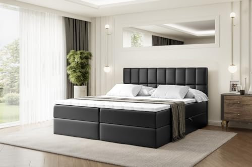 ALTDECOR Boxspringbett mit Matratze und Lattenrost, Boxbett, Topper, Polsterbett mit Bettkasten, Bett mit Stauraum H3-Matratze, Doppelbett, Springboxbett - Miami - 140x200 - Schwarz Kunstleder