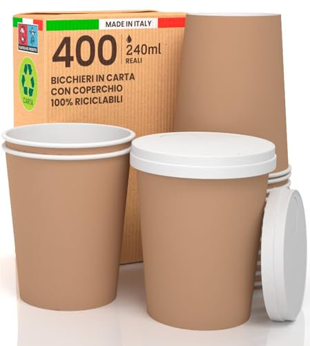 400 Bicchieri Caffè Asporto in Carta Avana 240ml Con Coperchio - Bevande Calde e Fredde, Tè, Infusi, Acqua - Ecologici Biodegradabili Tazze Monouso Colorate + 400 Coperchi Con Beccuccio