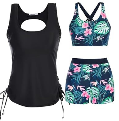 JASAMBAC Ensemble tankini 3 pièces pour femme, haut de bikini push-up et short de bain taille haute, maillot de bain simple, maillot de bain de sport, maillot de bain pour la plage, la piscine