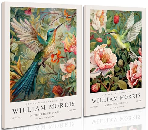 Dytila William Morris Wall Art Set of 2 - Vintage Flower Botanical Pictures Wall Decor Bird Aesthetic Paintings, Canvas Prints for Bedroom Living Room, Hallway, Home Office Decor 12x16 in Framed