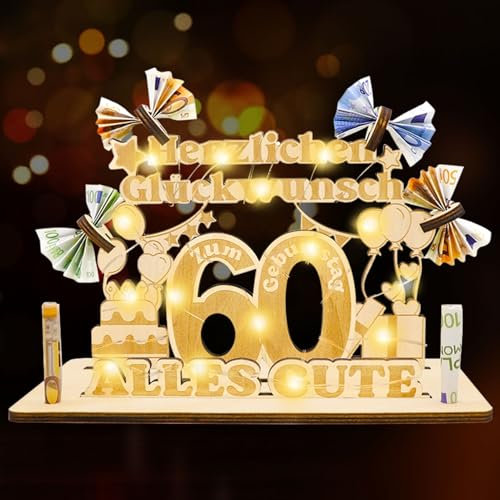 Idota 60 Geburtstag Frau Männer Geschenk - Geldgeschenke Geburtstag, Holz-Schild Gästebuch 60 Geburtstag Deko Geschenke mit LED Lichterketten, Personalisiertes Geschenke, 60 Geburtstag Mann Deko