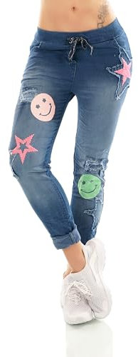 TA Fashion Damen leichte Denim Hose Jeans Look Jogpants Baggy Boyfriend Freizeit Risse Fetzen Sterne Smiley (DE/NL/SE/PL, Alphanumerisch, Einheitsgröße, 38, Regular, Regular, Dunkelblau)