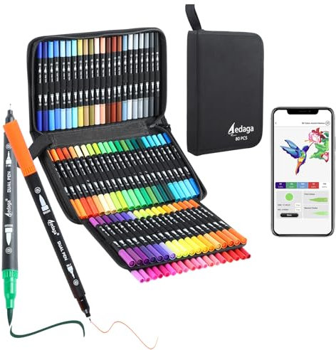 AEDAGA 80 Numbered Dual Tip Colouring Pens with Free App,Felt Tip Pens for Adult Colouring Books,Brush Markers Art Supplies for Calligraphy Drawing Sketching Journaling Painting