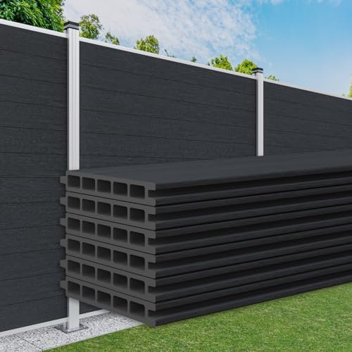 HEXIM Gartenzaun WPC, Alu Pfosten 180x180cm Steckzaun grau & anthrazit, Sichtschutz Windschutz Zaun Lamellenzaun (6 Zaunbretter 14cm anthrazit)