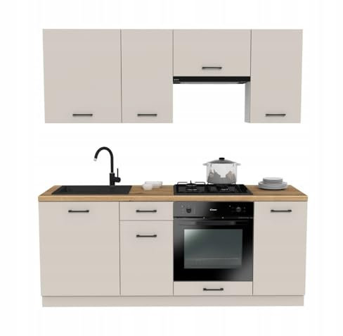 Laclar Küchenzeile 200 cm - Modulare Möbel für die Küche - inklusive Montagezubehör - mit Soft-Close-System - ohne Spülbecken Geräte - Capri Kaschmir - Küchenarbeitsplatte Evoke Oak