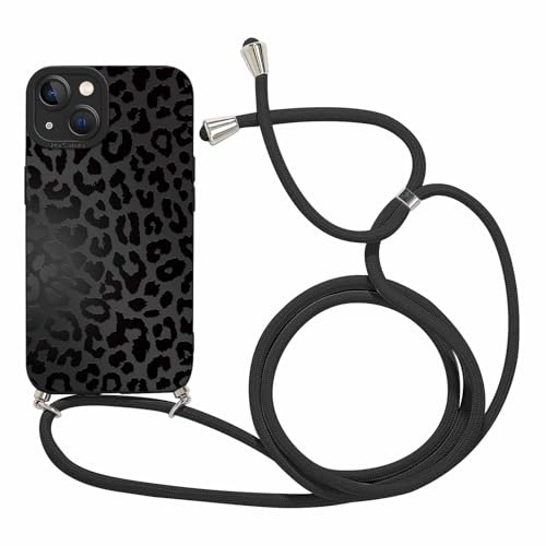 Coalbooliy Handykette für iPhone 15 Plus Hülle mit Band, Aesthetic Schwarzer Leopardenmuster Muster Verstellbarer Halskette Handyhülle Kordel zum umhängen Silikon Stoßfest Schutzhülle mit Kette, 03