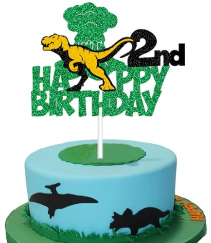 2nd Birthday Cake Toppers, Dinosaur and Jungle Animal Themed, for Boys and Girls Cake Party Supplies