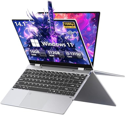 Ordenador Portátil 2 en 1, Core i3-1315U CPU 16GB RAM 512GB SSD 14,1 pulgadas Metal Laptop, PC Portatil con Tipo C, BT 5.2, USB 3.0, teclado retroiluminado, desbloqueo por huella dactilar Portátil