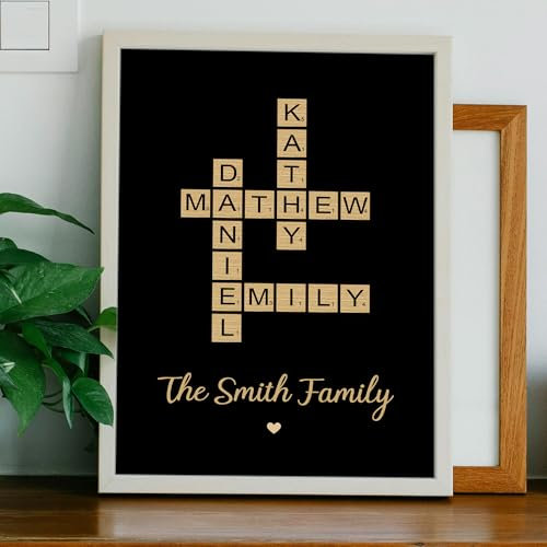 Nergaebe Personalisierte Familien-Kreuzworträtsel-Kunst, individuelle Kreuzworträtsel-Familiennamen-Puzzle-Wanddekoration, Scrabble-Familiennamen-Poster/Leinwand für Heimdekoration