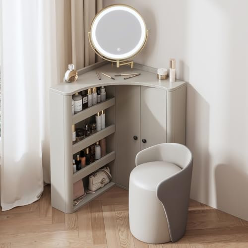 WLCNYL Tavolo da Trucco angolare con Specchio, Illuminazione a 3 Colori, Regolabile, con Scomparti Aperti, per Camera da Letto e Soggiorno, Piccoli spazi, Ragazze e Donne.