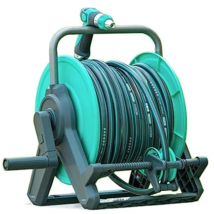 Garden Hose Holder 30M/100Ft 1/2'' Hose Reel Rack with Hose Guide, Garden Washer Hose Reel Cart with Mounting Bracket, with 10 Pattern Sprayer Nozzle, Wall Mounted or Floor Standing Water Ho