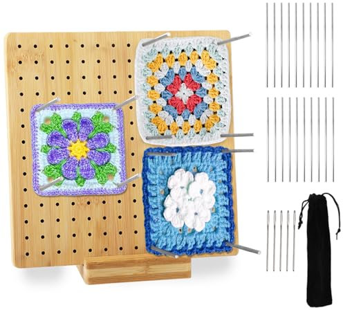 Hisdricus Blocco di Blocco per Granny Square - Tavola di Blocco per Uncinetto 20x20 cm - Bambù Tavola per Granny con 20 Perni, 5 Aghi Inox e 1 Supporto - Accessori per Progetti di Maglia e Uncinetto