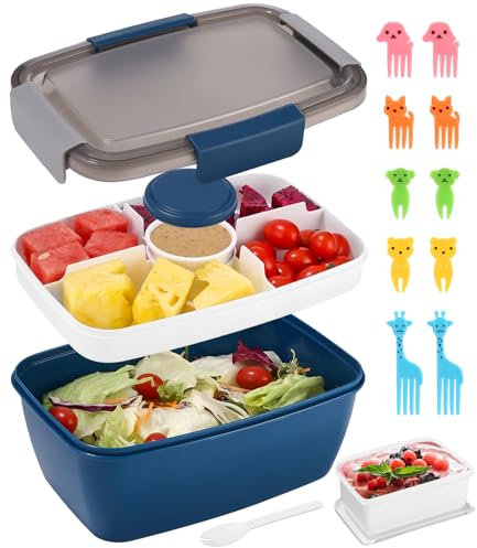 Fiambrera para adultos, fiambrera con compartimentos subdivididos, caja para ensalada para llevar con tenedor, palillo de dientes para niños, a prueba de fugas, apta para microondas, 2000 ml, caja