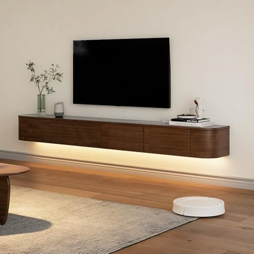BIGYOUZI Schwebender TV-Schrank aus massivem Holz,Wand TV Schranks Mit Mehreren Ablagemöglichkeiten (Nussbaum&Licht, 200 * 30 * 20CM)