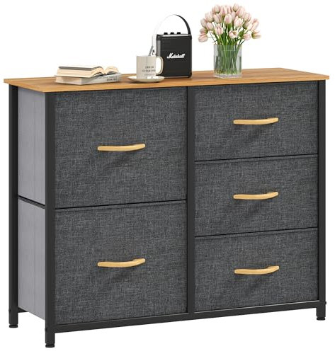 DWVO Kommode mit 5 Schubladen, langlebiger Stoff, Robustes Metallgestell, modern und funktional, ideal für Schlafzimmer, Wohnzimmer, Flur, Kinderzimmer, dunkelgrau