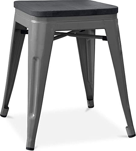Iconik Interior Tolix Style Hocker, industrielles Design, Holz & Stahl, 46 cm, Stylix, Dunkelgrau