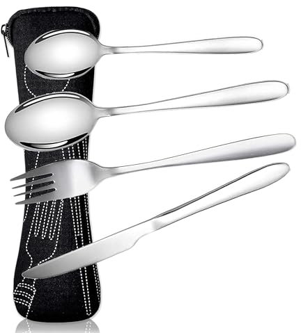 Cutlery Set with Portable Pouch Case, 4 Pcs Stainless Steel Flatware Camping Utensil Set with Portable Pouch – Camping, Travel, Outdoor Dining, Picnic Accessories