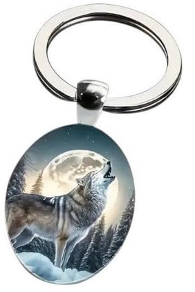 Porte-clés, bijou de sac cabochon ovale loup hurlant pleine lune.