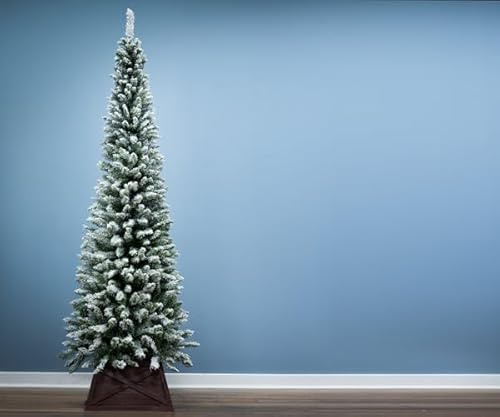 Christmas Tree World | 6ft Artificial Unlit Snowy Pencil Tree | Natural and Realistic Look with Bushy and Luxury Quality PVC Tips | Easy to Assemble and Take Down | 60cm Diameter