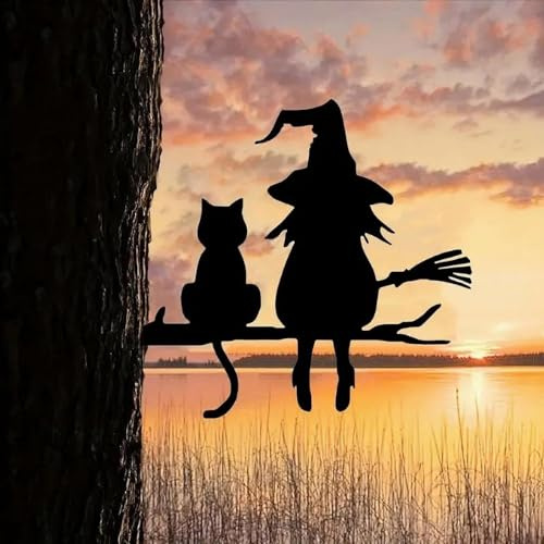 Hexe und Katze Gartendeko Gartenstecker, Metal Halloween Deko Gartenfigur Dekostecker zum Stecken für Halloween Outdoor Hof Baumstämme Haus Tür Wand Fenster Dekoration (Black, 25X20CM)