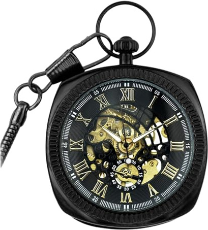 TruClothing Mechanical Skeleton Open Face Square Pocket Watch with Chain