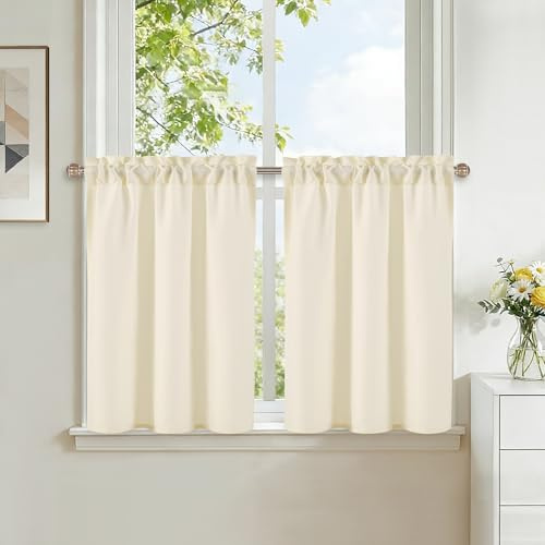 DWCN Fenstervorhang Kurz Gardinen Wohnzimmer Modern Champagner H45xB60cm 2 Stück Bistrogardine Küche Vorhang Landhausstil Dekoration Leinen Vorhänge mit Stangedurchzug für Schrankvorhang Badezimmer