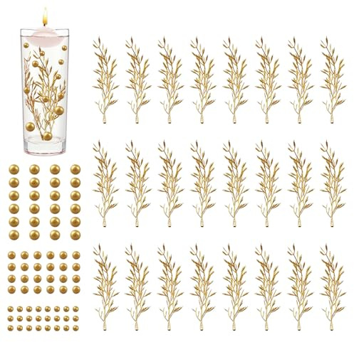 URROMA 96Pcs Gold Vase Filler Set with Pearls& Faux Flowers, Mini Artificial Leaves&Beads for Floating Candles Centerpieces Wedding Party Table Bar Decor DIY