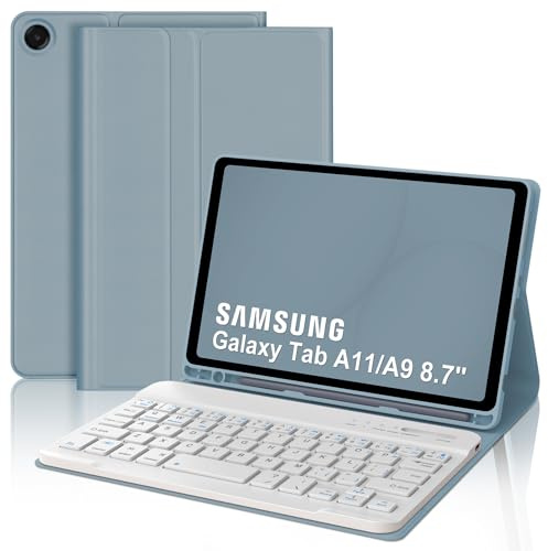 Keyboard Case for Samsung Galaxy Tab A11/A9 8.7 Inch, UK Layout Detachable Wireless Bluetooth Keyboard with Stand Cover and Pencil Holder for Samsung Galaxy Tab A11/A9 8.7 2025/2023 Tablet, Sky Blue