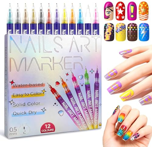 12 Colors Nail Art Pens Set, 2026 Upgrade 0.5mm Fine Tip Nail Art Markers - Waterproof Quick-Dry, DIY 3D Painting & Graffiti Dotting Liner Pens for Gel Nails, Nail Art Drawing Tool