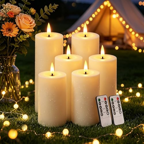 Ketom 6 Stück LED Kerzen Outdoor, Wasserdichten Flammenlosen Kerzen | LED Kerze mit Timer, Batteriebetriebene, mit Fernbedienung, D5,5cm, H13/15/18cm, für Camping Home Deco, Ohne Batterien