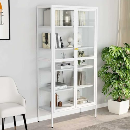 Nusvialune Vitrine blanche 90 x 40 x 180 cm en acier et verre trempé avec 4 étagères réglables, nivelleurs, support mural pour salon, bureau ou couloir, rangement robuste et espace de rangement