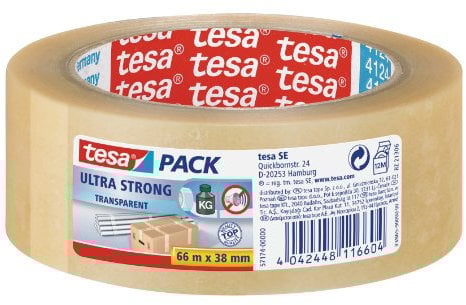 tesapack Ultra Strong - PVC-Klebebänder für festes Verpacken und sicheres Bündeln - Transparent - 66 m x 38 mm