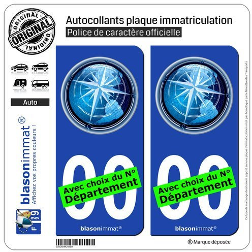 blasonimmat 2 Autocollants Plaque immatriculation Auto : Globe et Rose des Vents