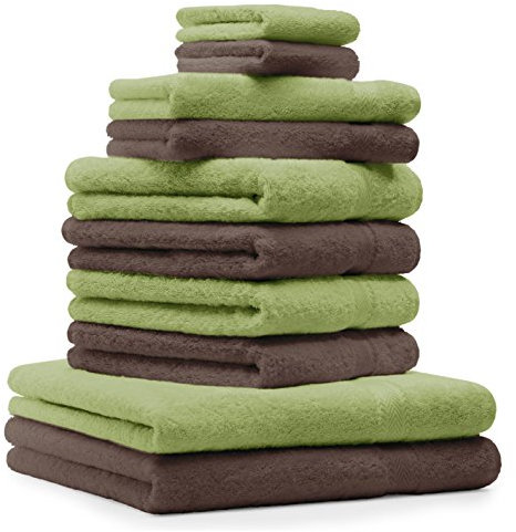 Betz 10-TLG. Handtuch-Set Premium 100% Baumwolle 2 Duschtücher 4 Handtücher 2 Gästetücher 2 Waschhandschuhe Farbe Apfel Grün & Nuss Braun