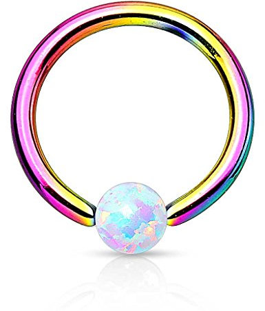 Piercingfaktor Piercing Klemmring Ring mit Opal Klemm Kugel Septum Nasen Lippen Helix Ohr Nasenpiercing Ohrpiercing Tragus Intimpiercing Lippenband Rainbow Weiß 1,2 x 8mm
