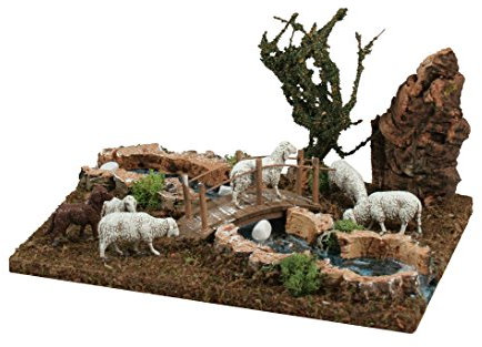 Ferrari & Arrighetti Flussabschnitt für Krippe mit Herde und Brücke, Bertoni Christmas Line, Holz und Kunststoff, Mehrfarbig, 26 x 18 x 15