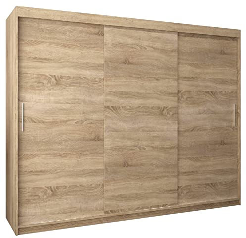 MEBLE KRYSPOL Tokyo 250 Kleiderschrank mit DREI Schiebetüren für Schlafzimmer – moderner Aufbewahrungsschrank mit Kleiderstange und Regalen – 250x200x62cm - Sonoma