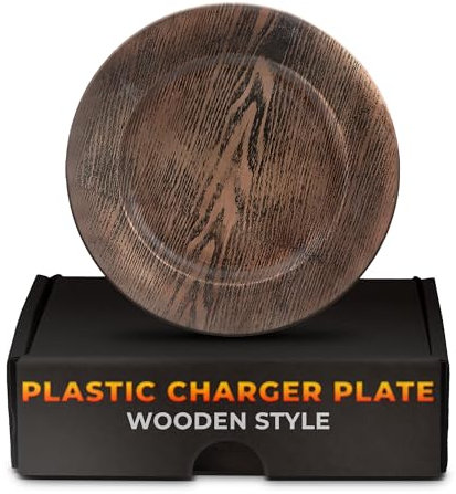 BURIUS Plastic Wood Charger Plates Set of 4 Chargers in Bulk Rustic Wood Round Table Charger Wedding Party Chargers Plate Set for 4 - Rustic Kitchen Wood Plate Charger Wedding Table Decor