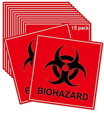 12 Pack Biohazard Stickers Sign Biohazard Warning Labels 4Inch Universal Biohazard Symbol Vinyl Waterproof Hazardous Materials Warning Stickers for Labs, Hospitals and Industrial Use