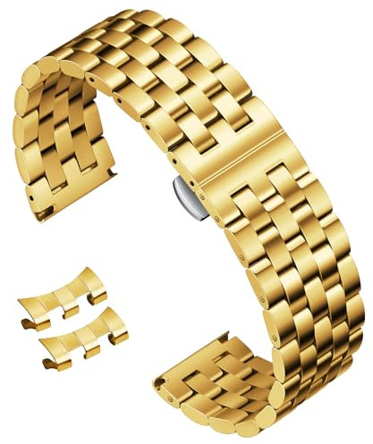 BINLUN Edelstahl Uhrenarmband Poliert Metall Uhrenarmbänder 18mm 19mm 20mm 21mm 22mm 24mm Smartwatch Ersatzarmband für Herren Damen Metallarmband mit Geraden und Gebogenen Ende (Gold, 20mm)