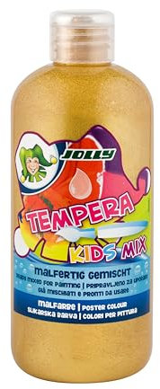 JOLLY Tempera Kids Mix Malfarbe, Flüssigfarbe, 0,5L Flasche Gold, leuchtende und deckende Farben, unverdünnt oder mit Wasser vermalbar, auf allen Materialien anwendbar