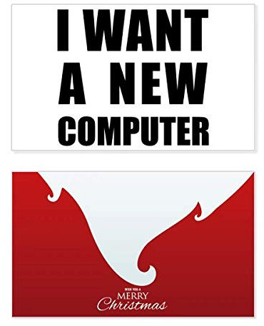 Weihnachtskarte mit Aufschrift „I Want A New Computer Holiday Merry Christmas“