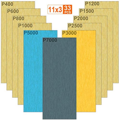 33pcs Nassschleifpapier Körnung 7000 5000 3000 2500 2000 1500 1200 1000 800 600 400 Nass und Trocken Sandpapier für Auto Holzmöbel Stein Lack Metall Glas, 9,3x23cm pro Blatt