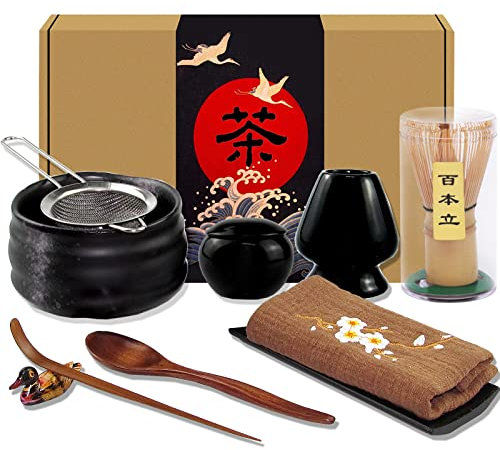 Artcome 10-Piece Japanese Matcha Tea Set - Bowl, Whisk, Scoop, Spoon, Cloth, Bamboo Holder, Powder Caddy, Strainer (Black)