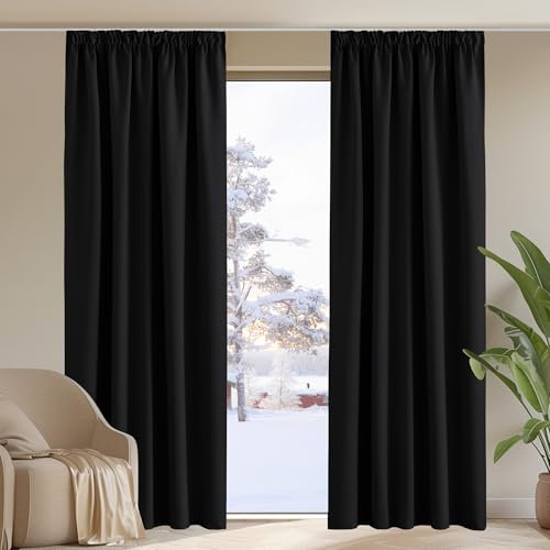 PONY DANCE Vorhang Verdunkelung Kräuselband 2er Set H 260 x B 140 cm Thermogardine Wärmeisolierend Blickdichte Gardinen für Schienensystem Verdunklungsvorhänge Schlafzimmer, Schwarz