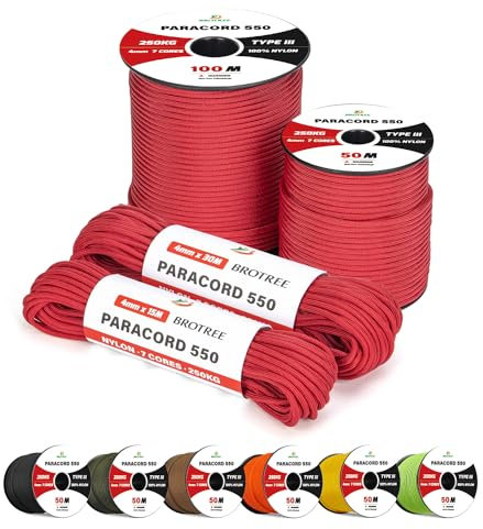 Brotree 4mm Paracord 550 15M 100% Nylon Rope 7 Strands Type III Parachute Cord for Outdoor and DIY - 250kg Breaking Load (Red)