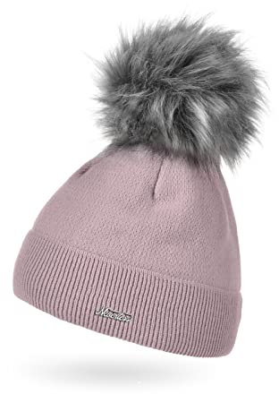 Neverless® Damen Mütze gefüttert Fell-Bommel Kunstfell Wollmütze Wintermütze Bommelmütze Feinstrick rosa Unisize