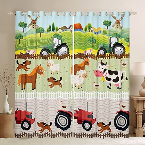 Loussiesd Kids Cartoon Farm Animals Window Curtains for Bedroom Living Room Toddler Cute Tractors Curtain Child Farmhouse Country Window Drapes Colorful Nature Window Treatments,W46*L54
